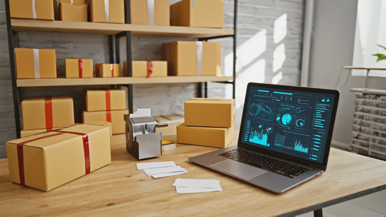 Packtisch eines kleinen Onlinehändlers mit gestapelten Versandkartons, leeren Versandetiketten und einem Laptop