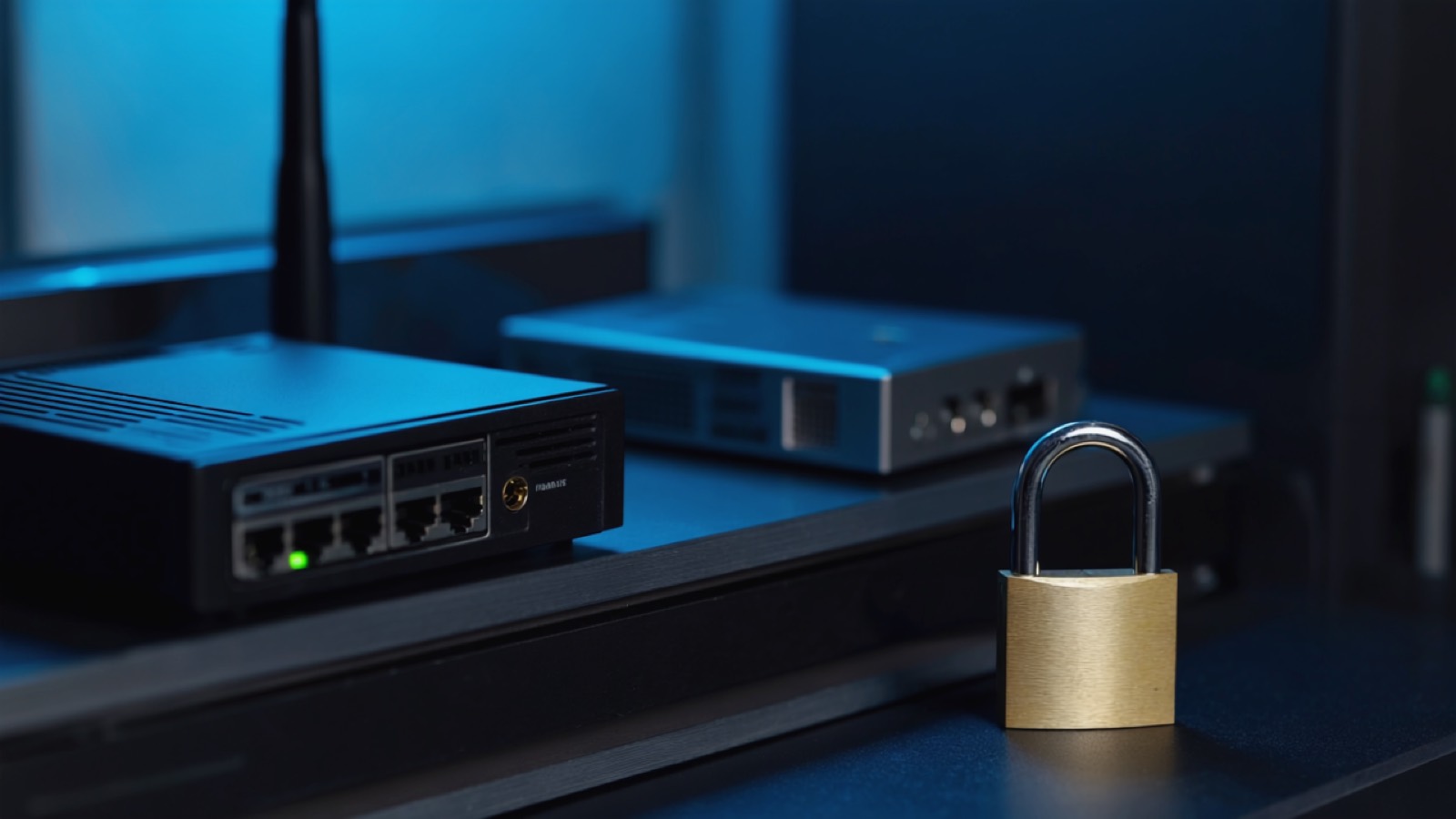 Kompakter Netzwerk-Router und ein kleiner Server mit Statusleuchten auf einem Regal, davor ein Vorhängeschloss aus Messing